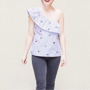 Abercrombie & Fitch Asymmetrical One-Shoulder Ruffle Top with floral embroidery